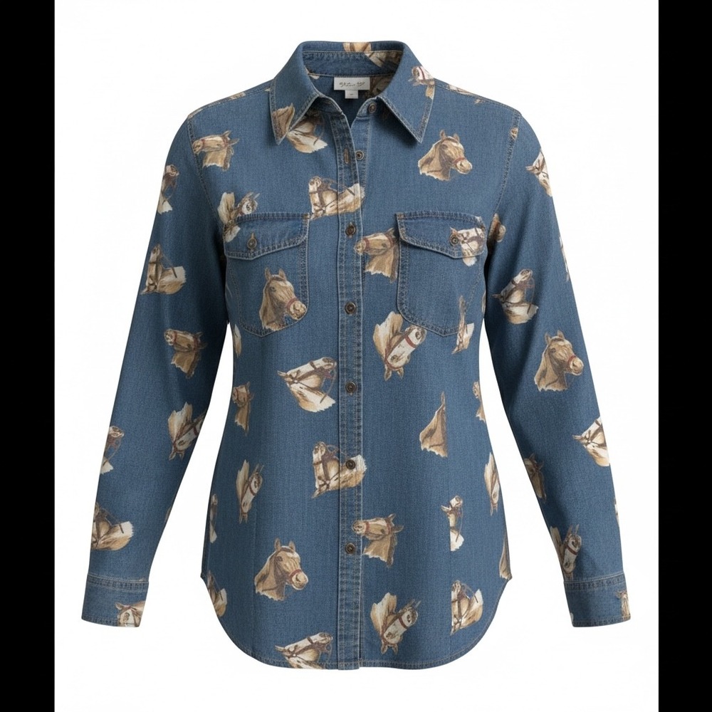 Liz Claiborne Lizwear Blue Denim Horse Print Button Down Shirt Womens Large